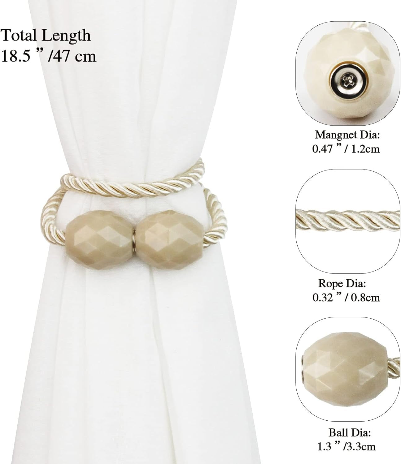 Strong Magnetic Curtain Tiebacks Beige 2 Pack Decorative Tie Backs Outdoor Curtain Rope Tiebacks Elegant Curtain Holdbacks for Drapes