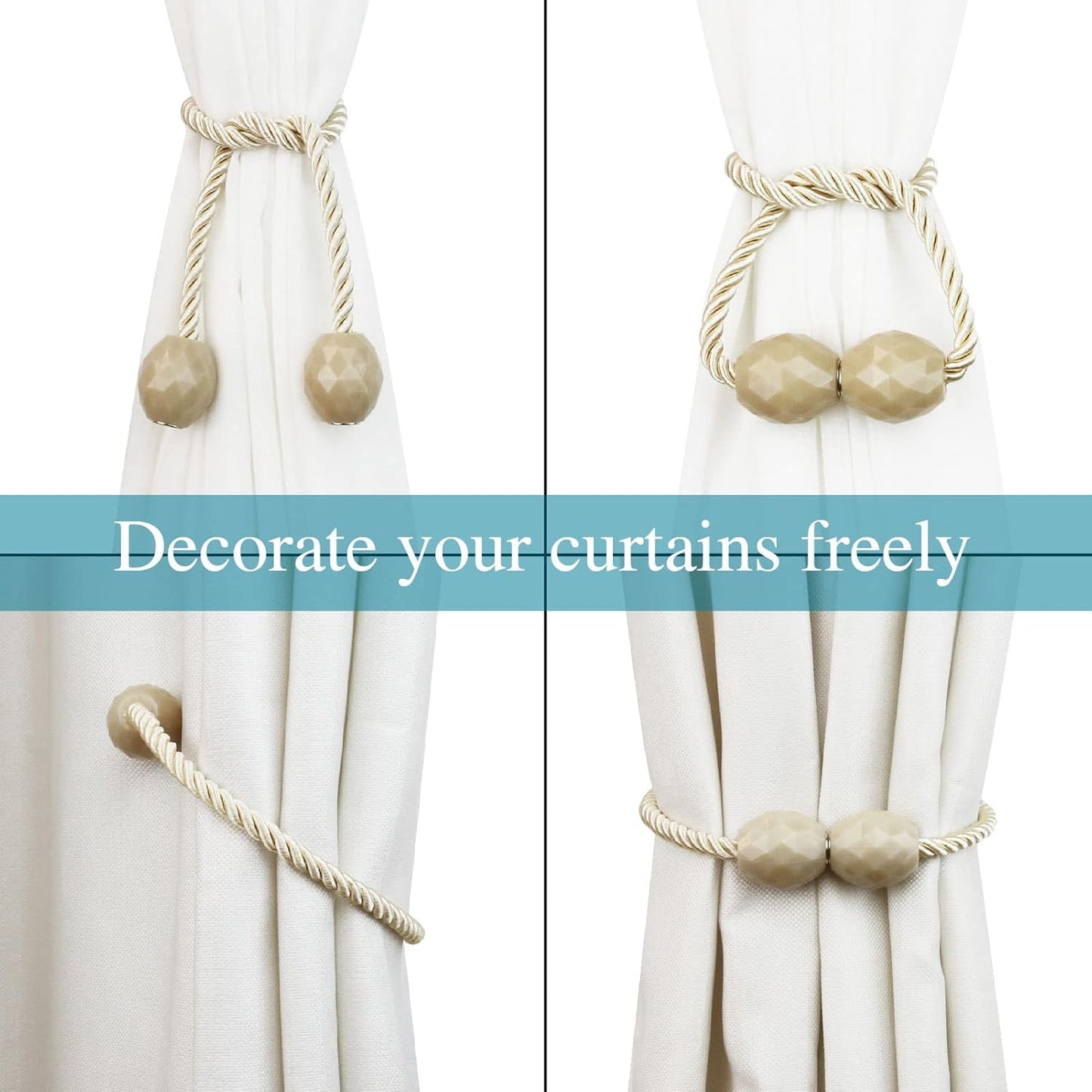 Strong Magnetic Curtain Tiebacks Beige 2 Pack Decorative Tie Backs Outdoor Curtain Rope Tiebacks Elegant Curtain Holdbacks for Drapes