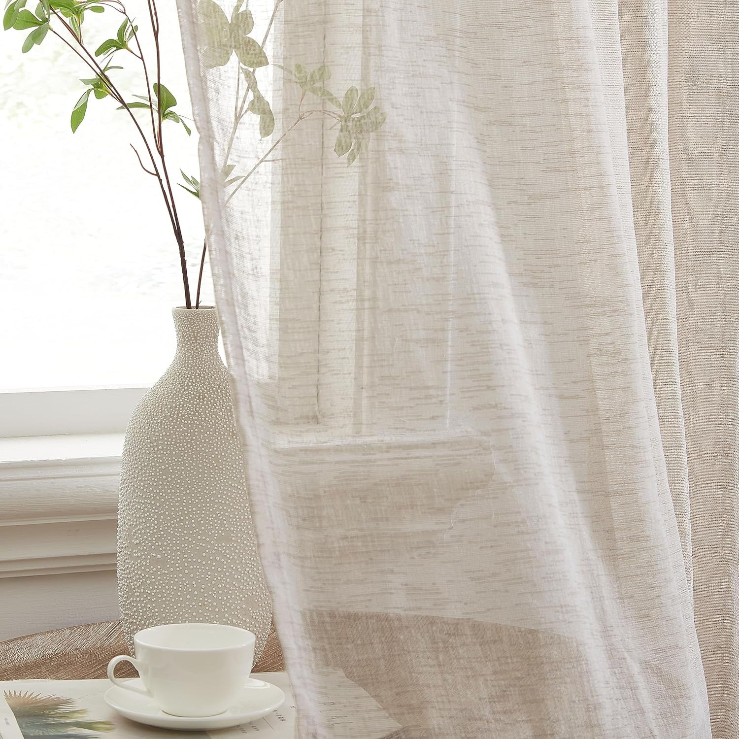 Penelope - Beige Sheer Curtains - Faux Linen Curtains, Semi Sheer Privacy Sun Light Filtering Transparent Window Curtains Drapery Panels for Bedroom & Living Room, 2 Panels (54 W X 84 L, Beige)