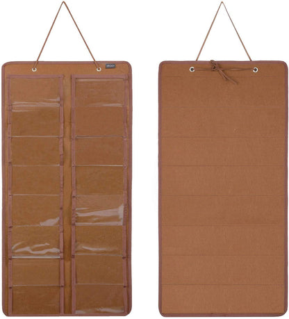 Sunglasses Organizer - Hanging Wall Pocket with 16 Felt Slots, Metal Hook and Sturdy Rope (Brown, Dust Proof)