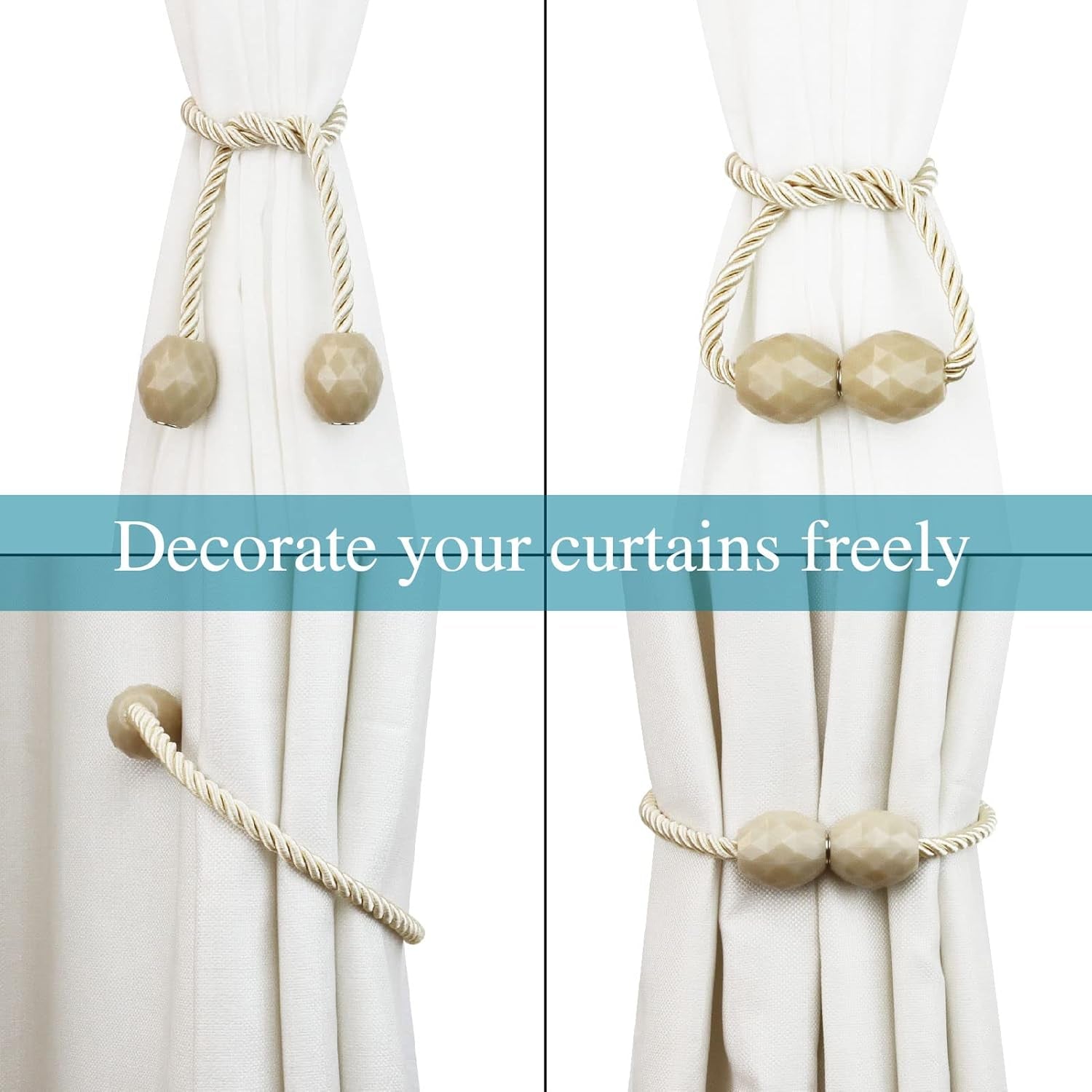 Strong Magnetic Curtain Tiebacks Beige 2 Pack Decorative Tie Backs Outdoor Curtain Rope Tiebacks Elegant Curtain Holdbacks for Drapes